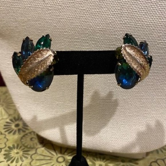 VTG WEISS Blue Green Rhinestone Glass Belly Jelly EARRINGS - Picture 2 of 10